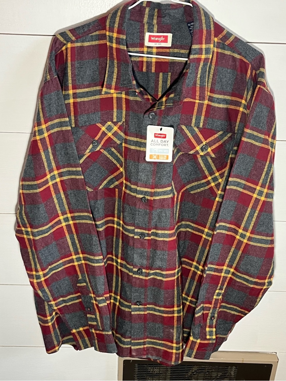 Wrangler Red, Gray & Yellow Plaid Flannel Shirt
